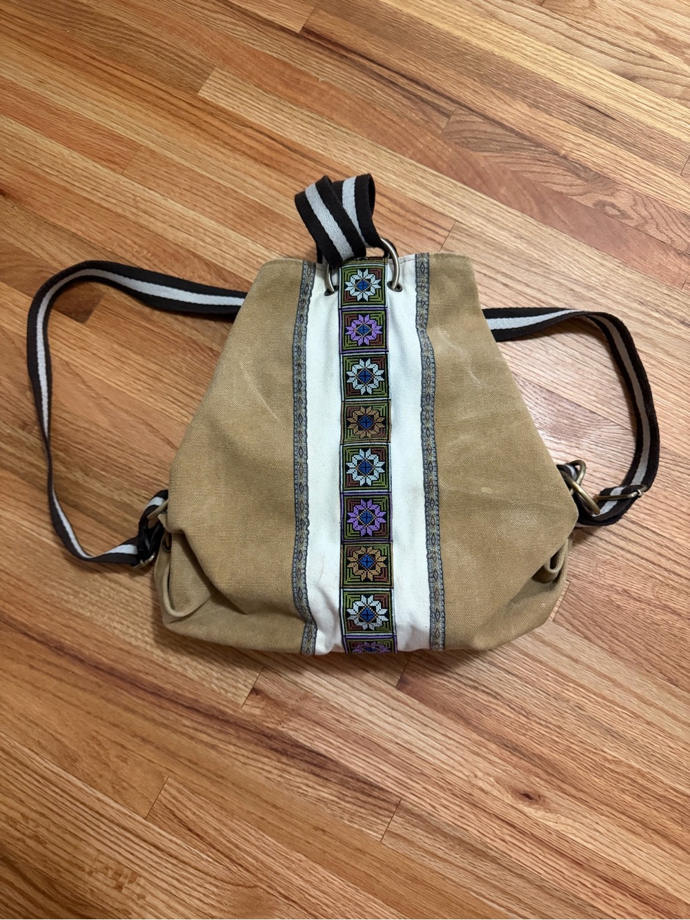 Boho Suede Convertible Backpack - Tan with Embroidered Stripe